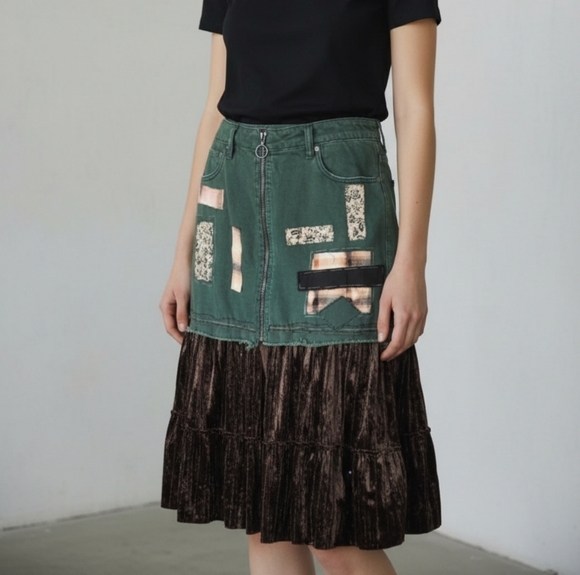 Upcycled We The Free Green Patchwork Skirt with Velvet Hem Size 10/12 - Picture 15 of 16